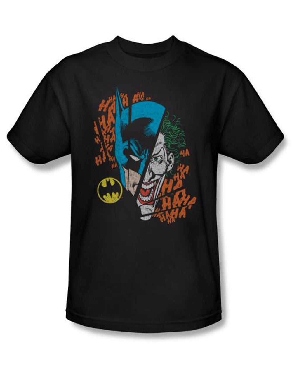Batman Joker broken visage graphic on a black adult t-shirt.