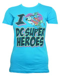 DC Comics super heroes graphic on a blue women's t-shirt.