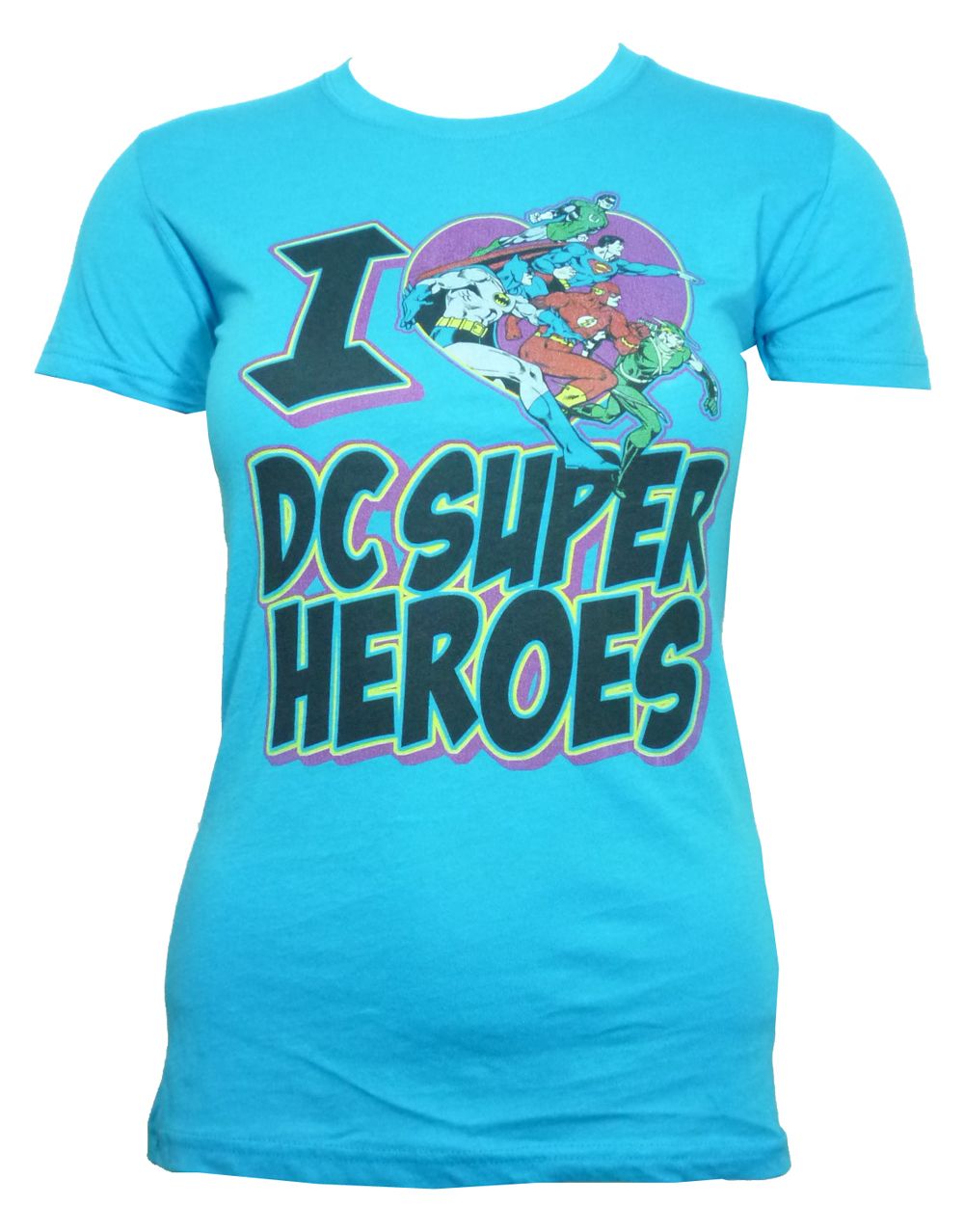 DC Comics super heroes graphic on a blue women's t-shirt.