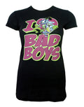 DC Comics I heart bad boys graphic on a black women's t-shirt.