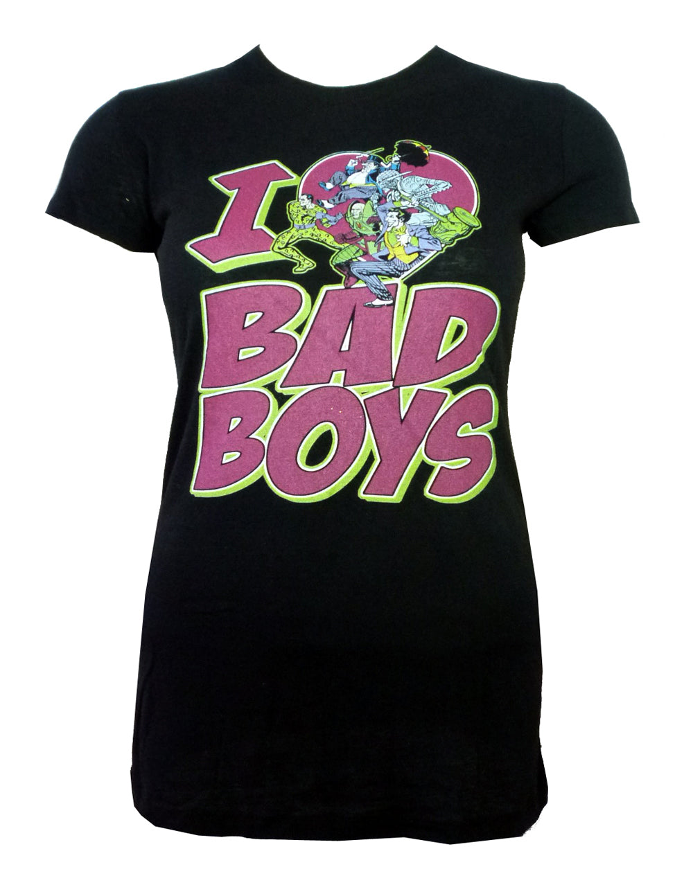 DC Comics I heart bad boys graphic on a black women's t-shirt.