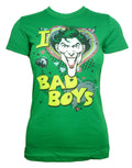 The Joker bad boys graphic on a green women's t-shirt.