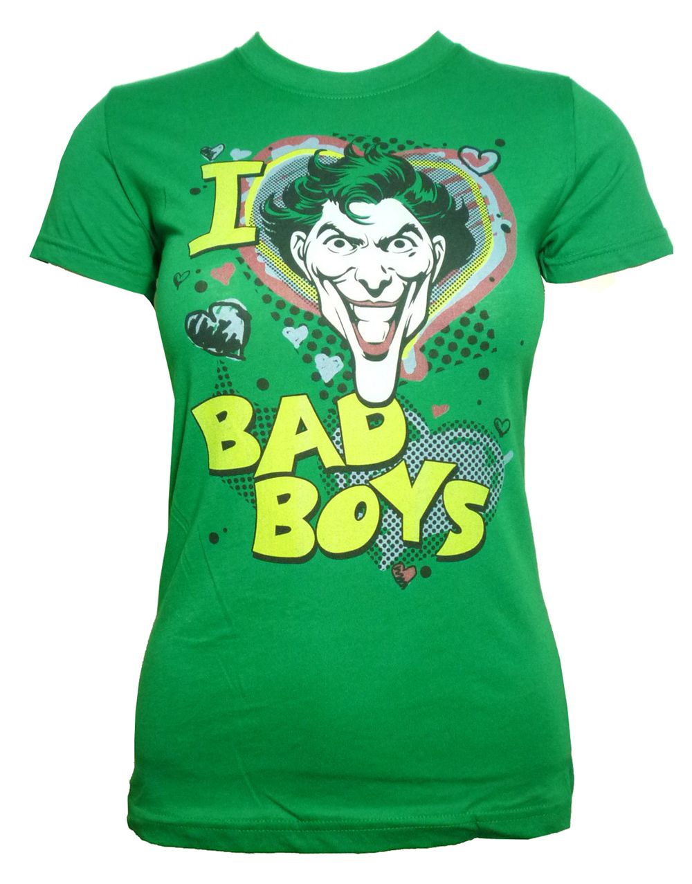 The Joker bad boys graphic on a green women's t-shirt.