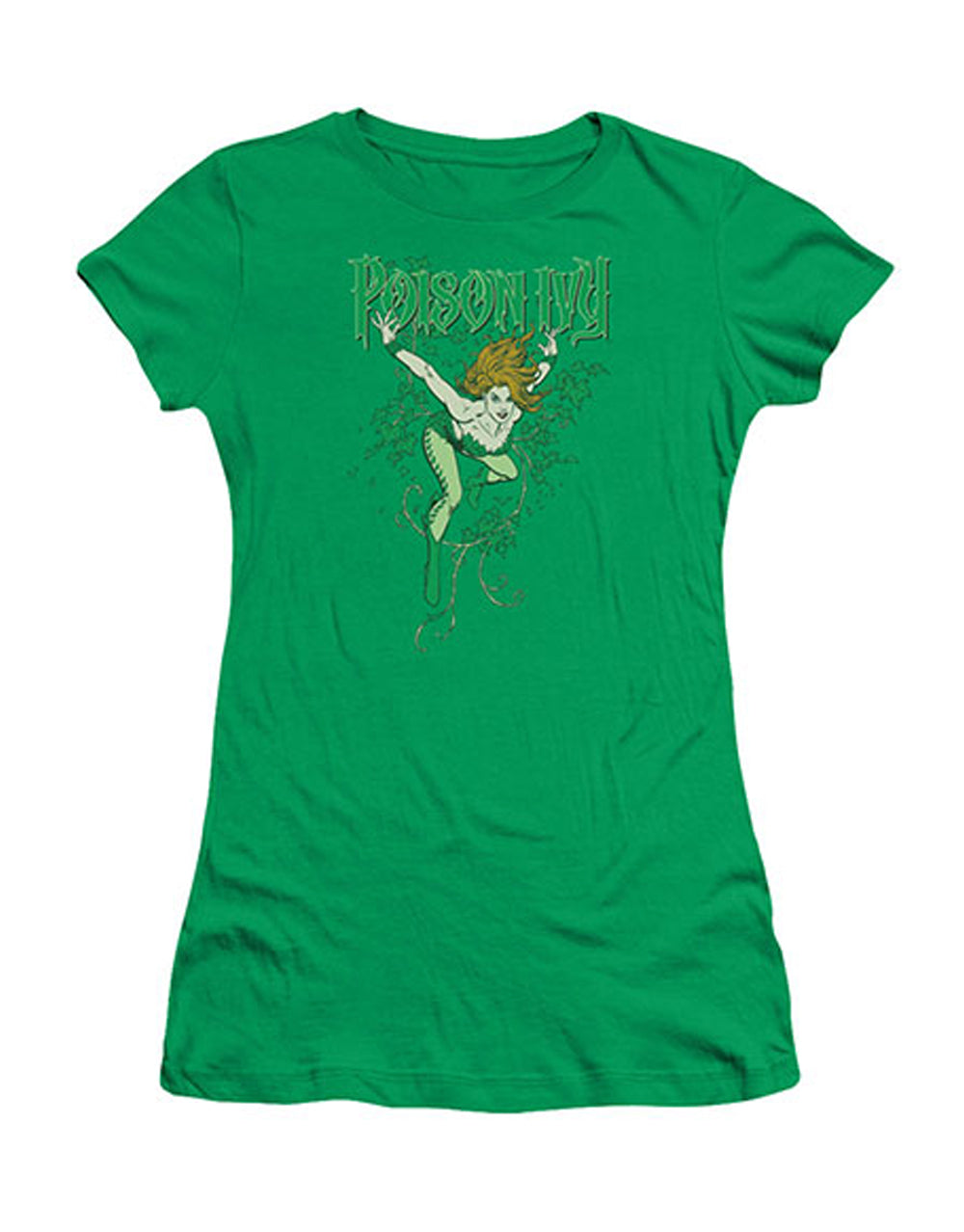 Poison Ivy DC Comics graphic on a green women's t-shirt.