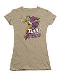 Two-Face leaping graphic on a safari green women's t-shirt.