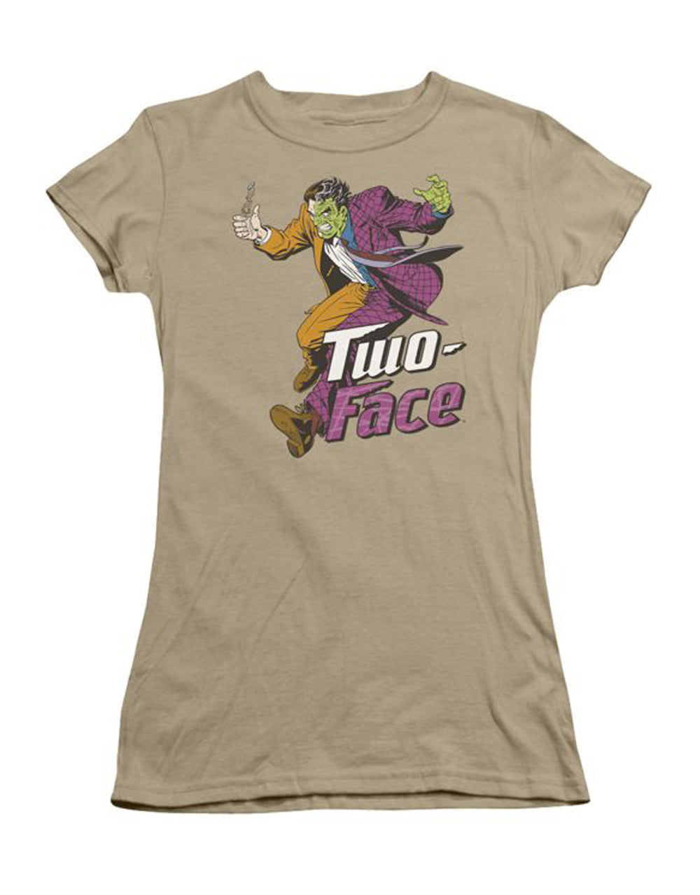 Two-Face leaping graphic on a safari green women's t-shirt.