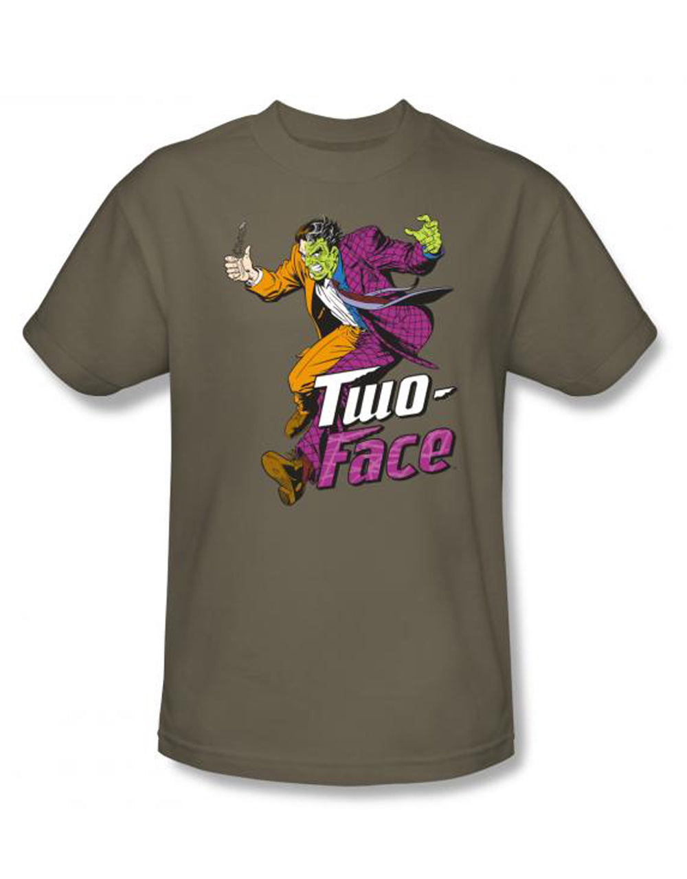 Harvey villain graphic on a green adult t-shirt.