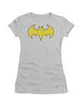 Batgirl logo graphic on a silver grey women's t-shirt.