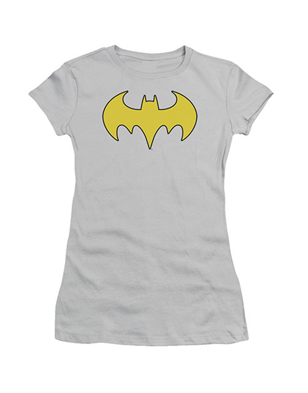 Batgirl logo graphic on a silver grey women's t-shirt.