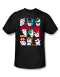 DC Comics nine blocks of justice graphic on a black adult t-shirt.