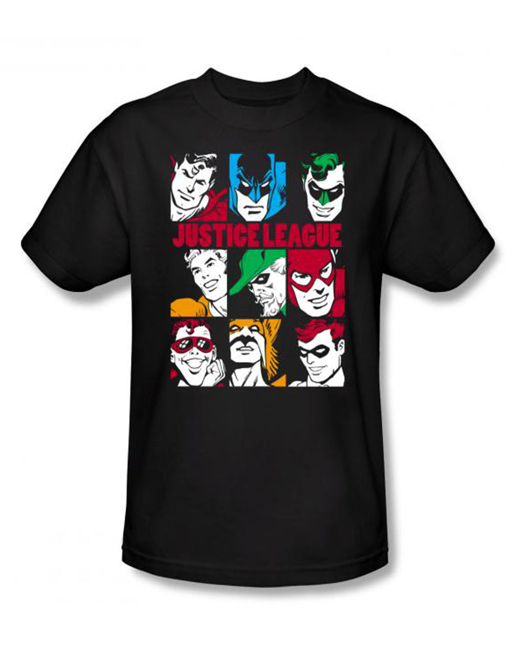 DC Comics nine blocks of justice graphic on a black adult t-shirt.