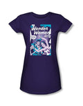 Wonder Woman human shield graphic on a purple women's t-shirt.