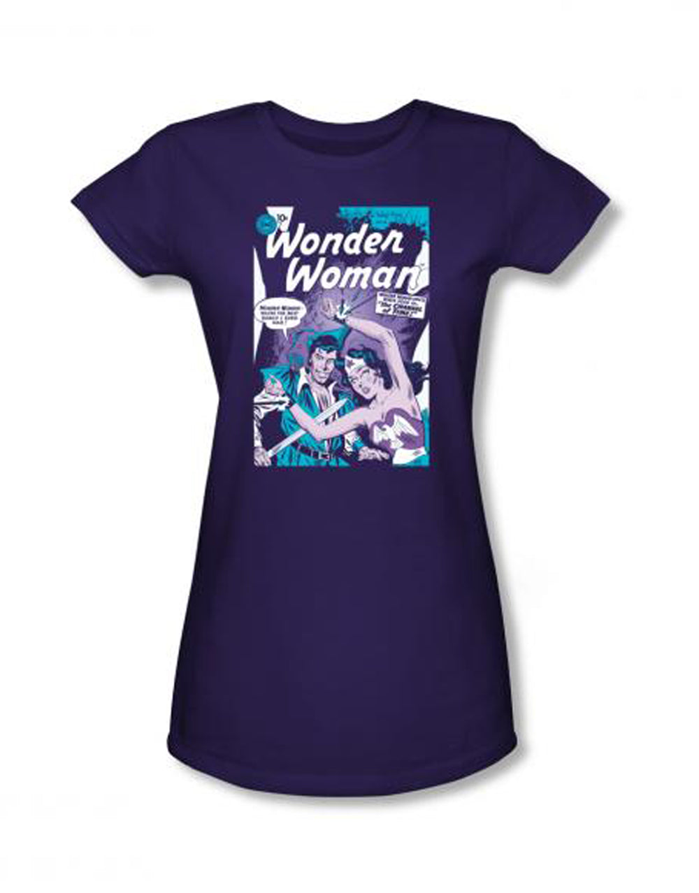 Wonder Woman human shield graphic on a purple women's t-shirt.