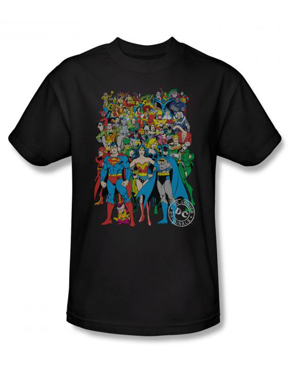 DC Comics original universe graphic on a black adult t-shirt.