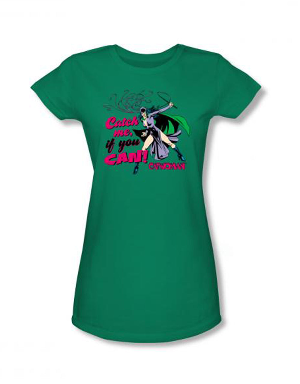 Batgirl catch me graphic on a green women's t-shirt.