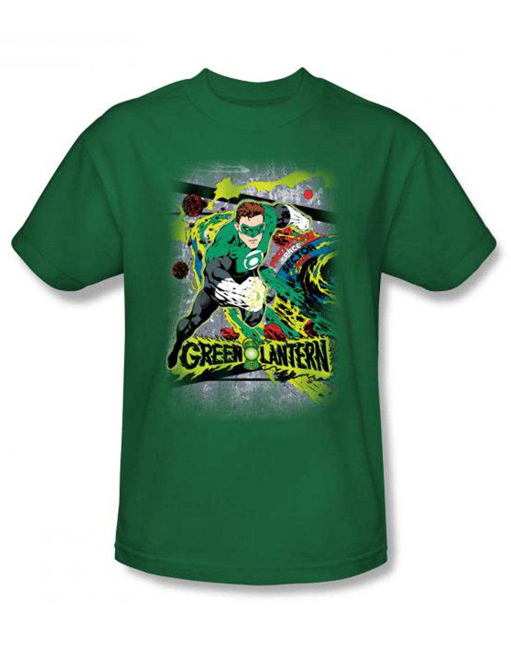Lantern space sector graphic on a green adult t-shirt.