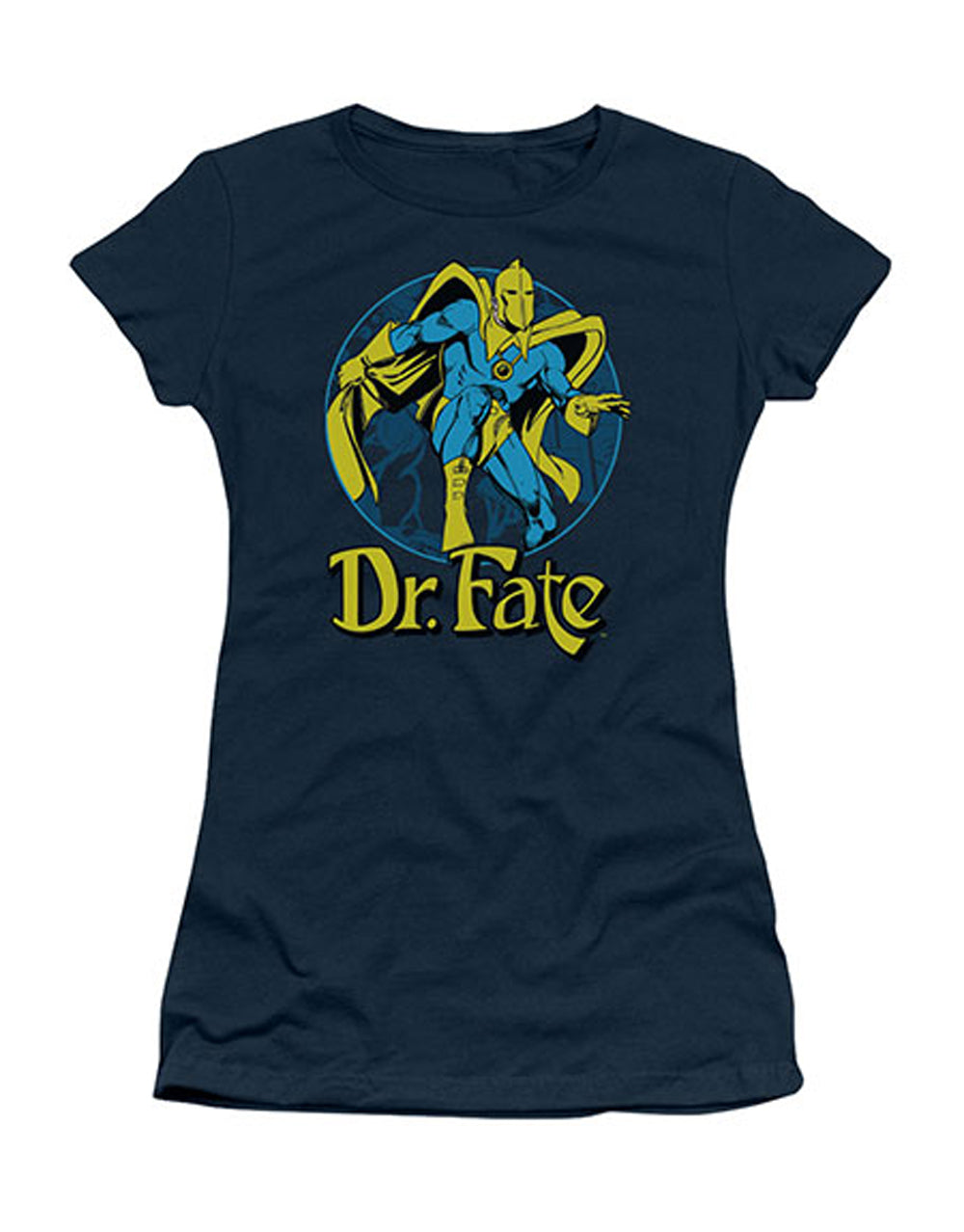 Dr Fate DC Comics graphic on a navy blue women's t-shirt.