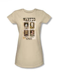 DC Comics villains wanted graphic on a cream women's t-shirt.