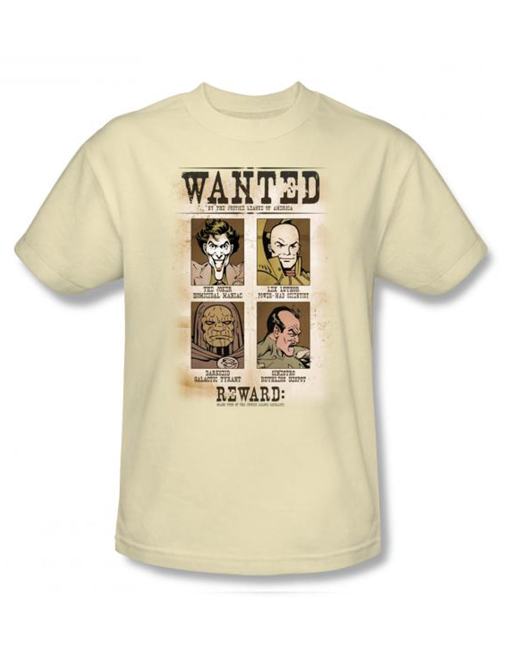 Villain wanted poster graphic on a cream adult t-shirt.