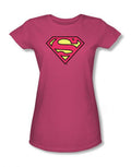Supergirl classic logo graphic on a pink women's t-shirt.