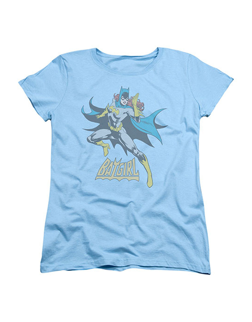 Batgirl see ya graphic on a light blue women's t-shirt.