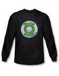 Neon distress logo graphic on a black adult long sleeve top.