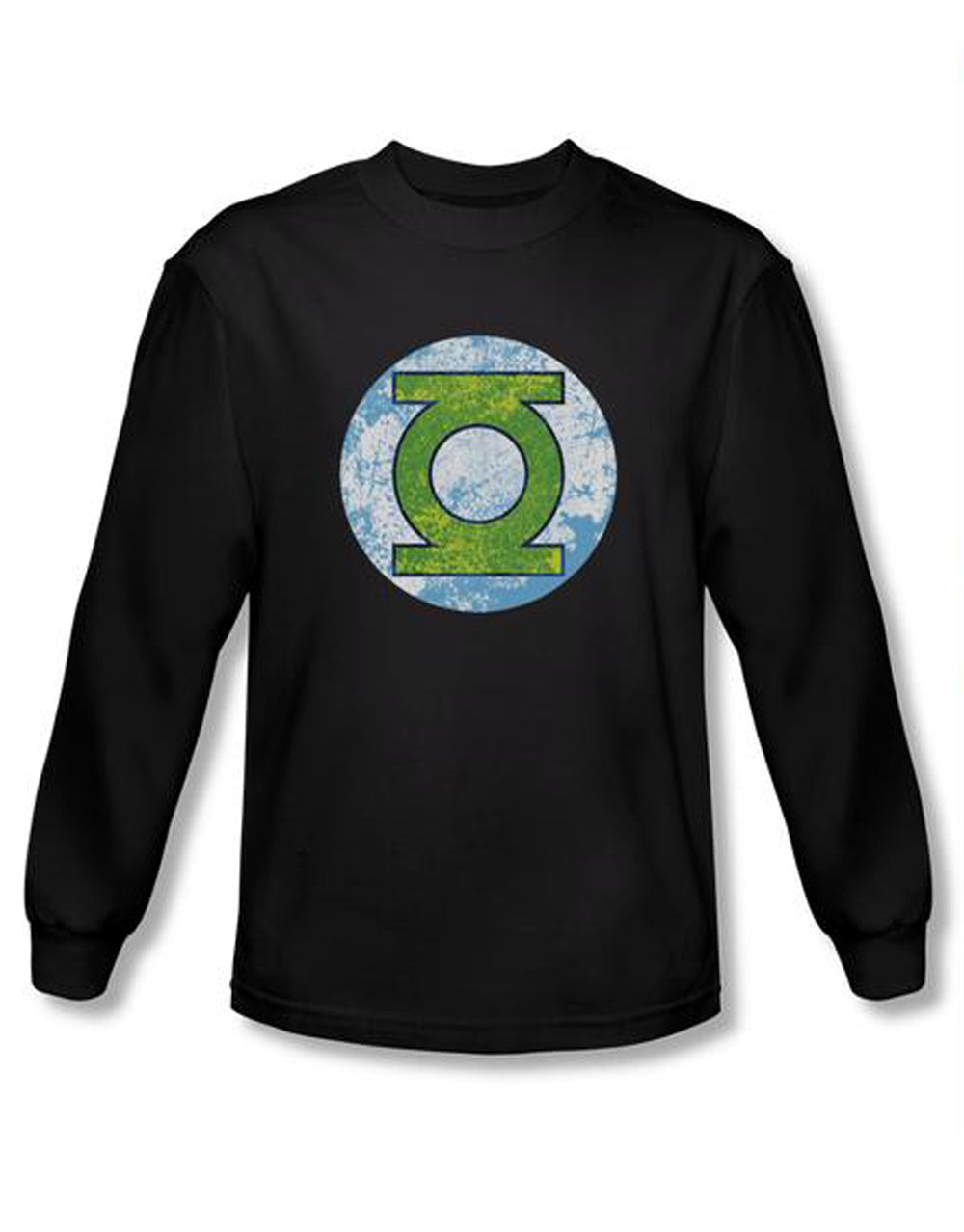Neon distress logo graphic on a black adult long sleeve top.