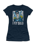 Nightwing fly graphic on a navy blue women's t-shirt.