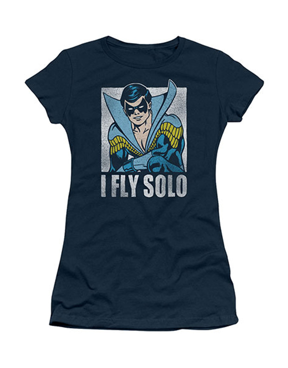 Nightwing fly graphic on a navy blue women's t-shirt.
