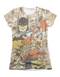 Justice League all stars graphic on a white women's t-shirt.