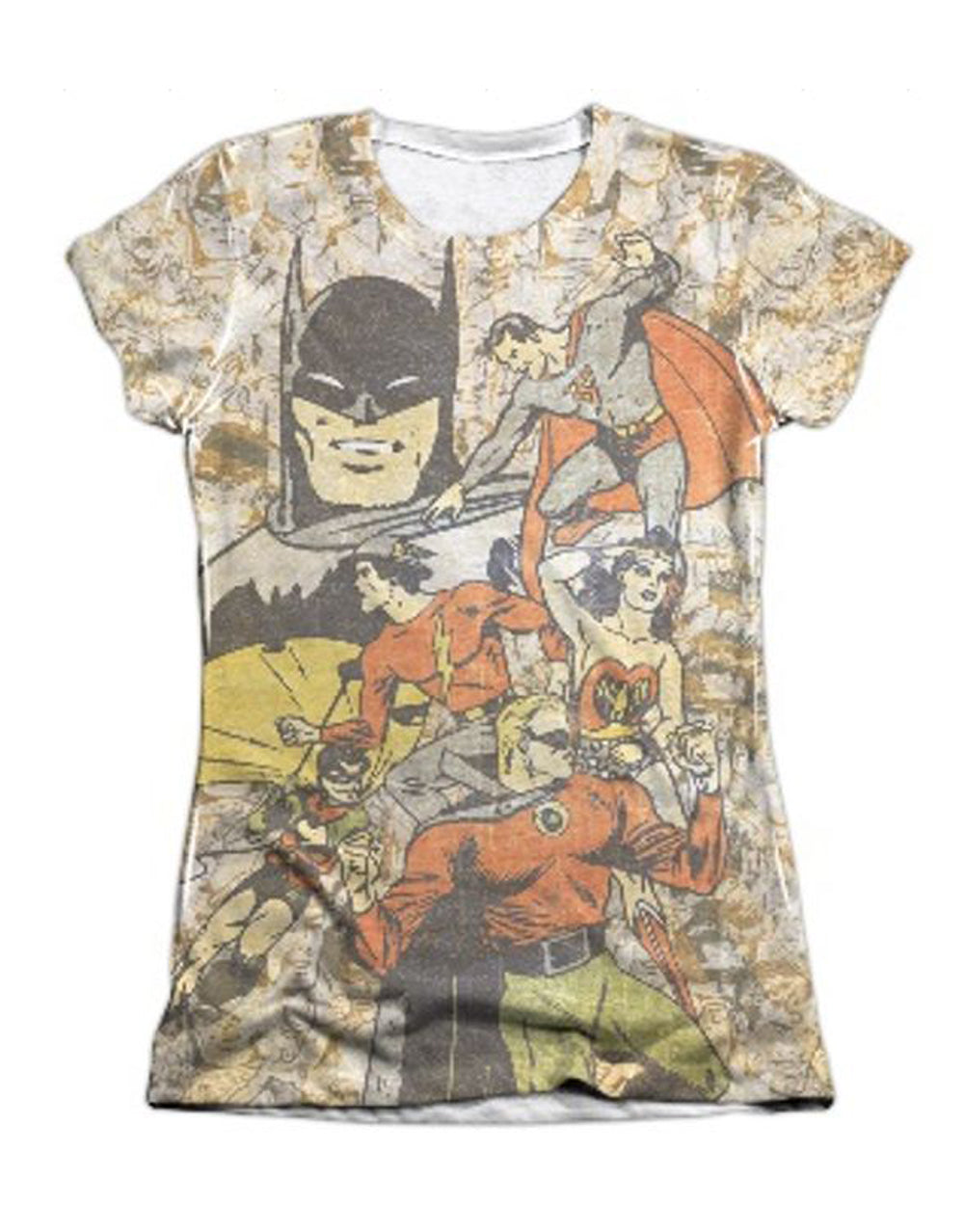 Justice League all stars graphic on a white women's t-shirt.