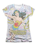 Wonder Woman collage graphic on a white women's t-shirt.