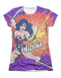 Wonder Woman blast graphic on a white women's t-shirt.