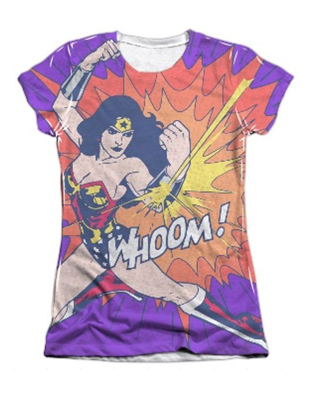 Wonder Woman blast graphic on a white women's t-shirt.