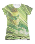 Green Lantern rays of light graphic on a white women's t-shirt.