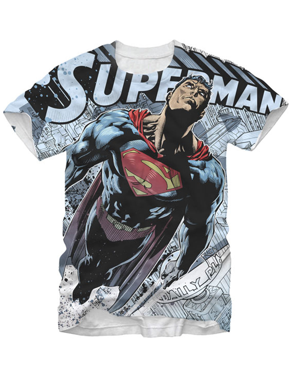 Superman steel man graphic on a white adult t-shirt.