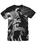 Batman avenge over city graphic on a black adult t-shirt.