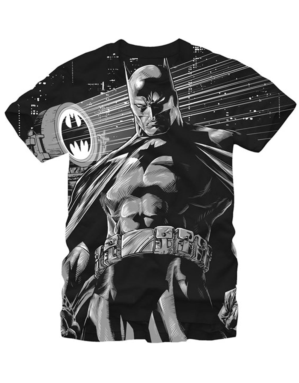 Batman avenge over city graphic on a black adult t-shirt.