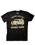 Dumb and Dumber "Shaggin' Wagon" sheepdog van cartoon graphic on a black adult t-shirt.
