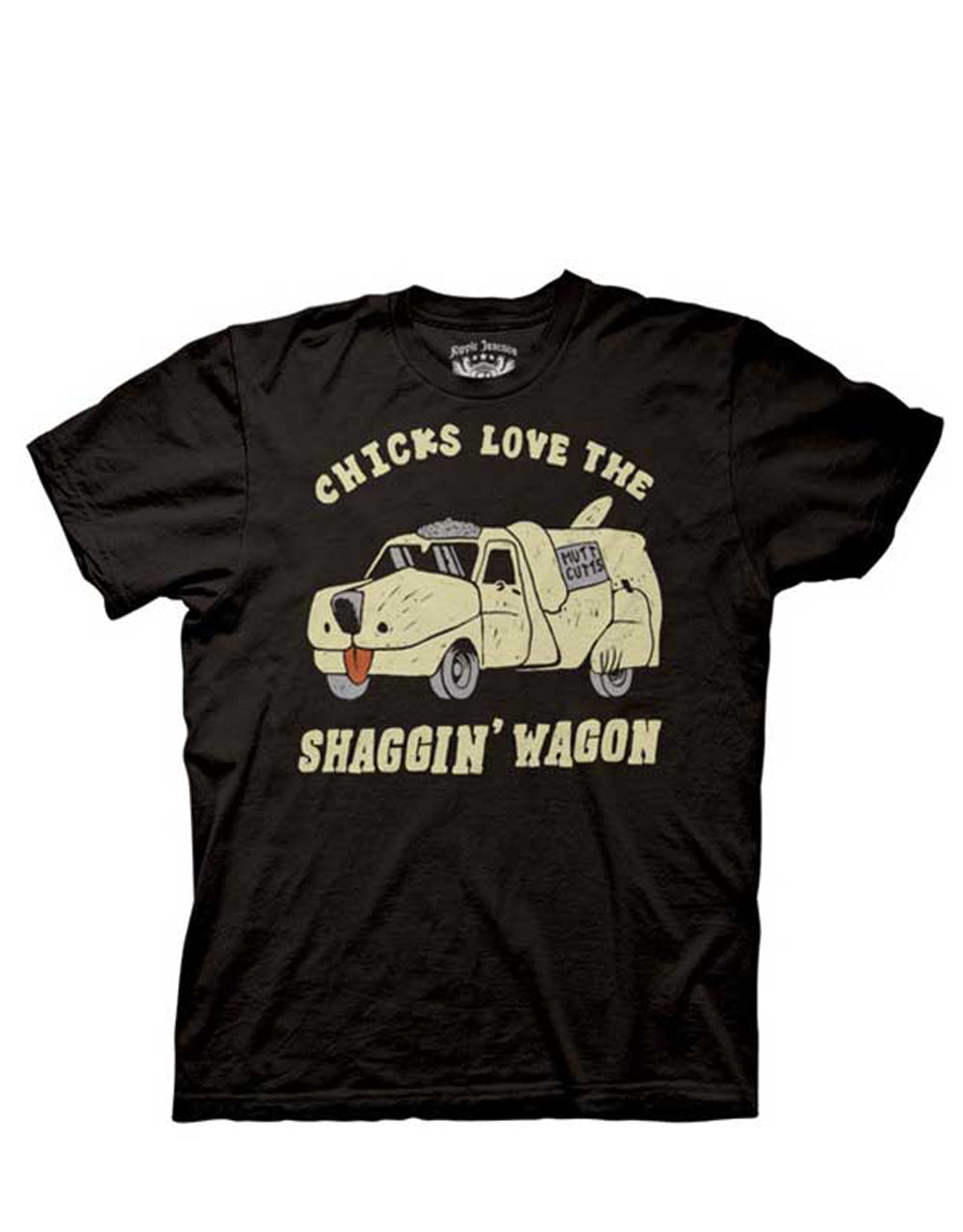Dumb and Dumber "Shaggin' Wagon" sheepdog van cartoon graphic on a black adult t-shirt.