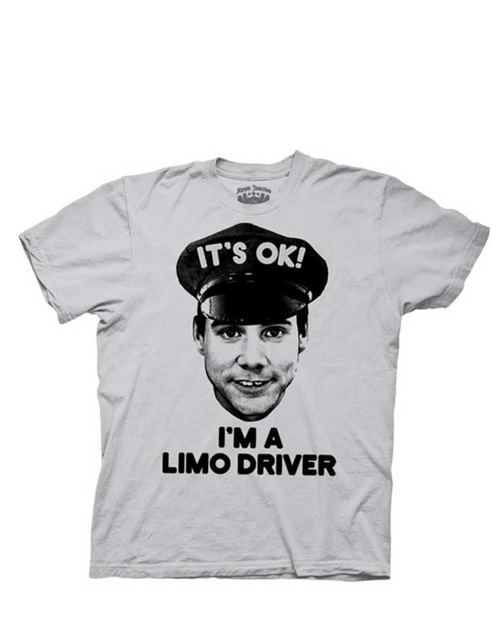Dumb and Dumber Lloyd Christmas limousine driver illustration on a grey adult t-shirt.