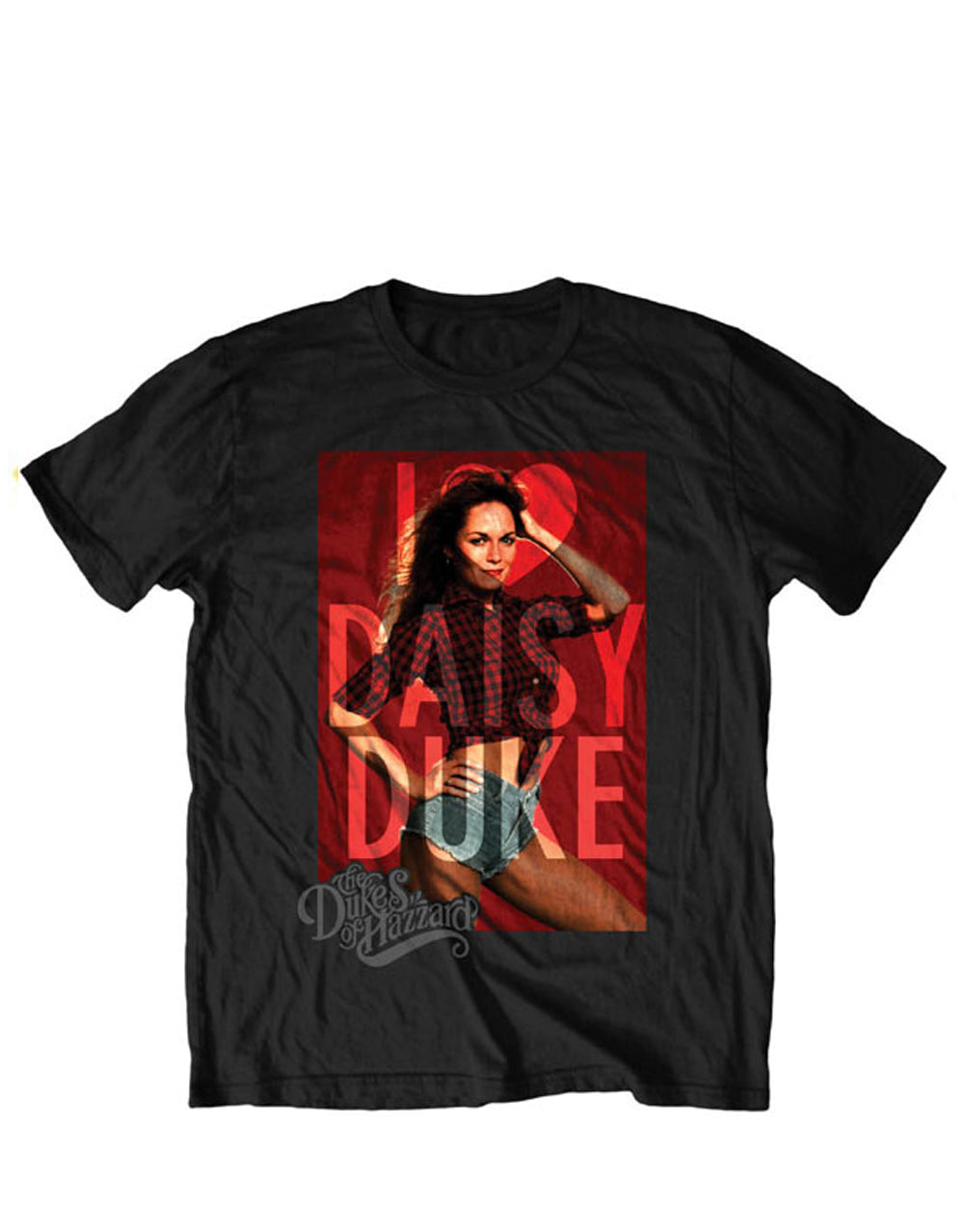 The Dukes of Hazzard Daisy Duke graphic on a black adult t-shirt.