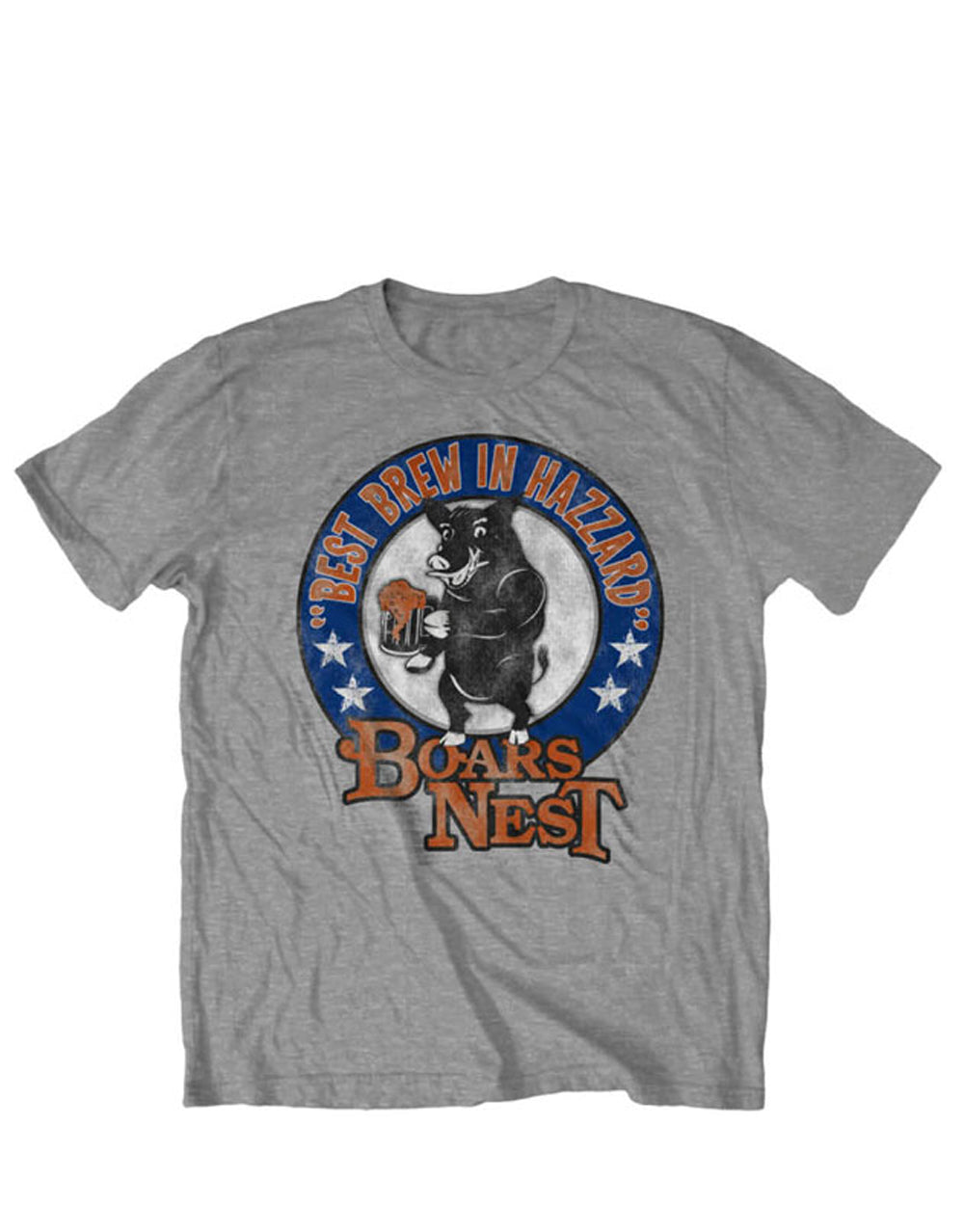 The Dukes of Hazzard boars nest graphic on a grey adult t-shirt.