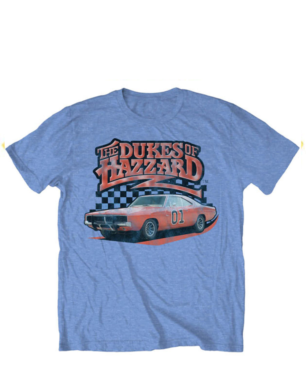 The Dukes of Hazzard General Lee graphic on a heathered blue adult t-shirt.