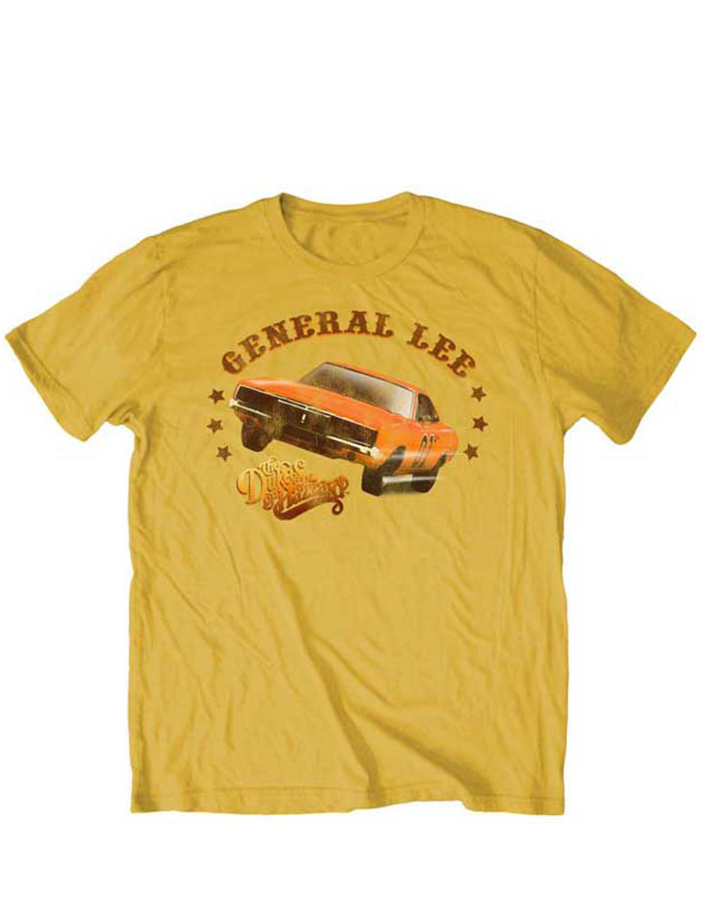 The Dukes of Hazzard two wheels graphic on a gold adult t-shirt.