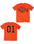 The Dukes of Hazzard the Dukes graphic on an orange adult t-shirt.