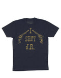 Dallas I shot JR graphic on a heathered navy blue adult t-shirt.