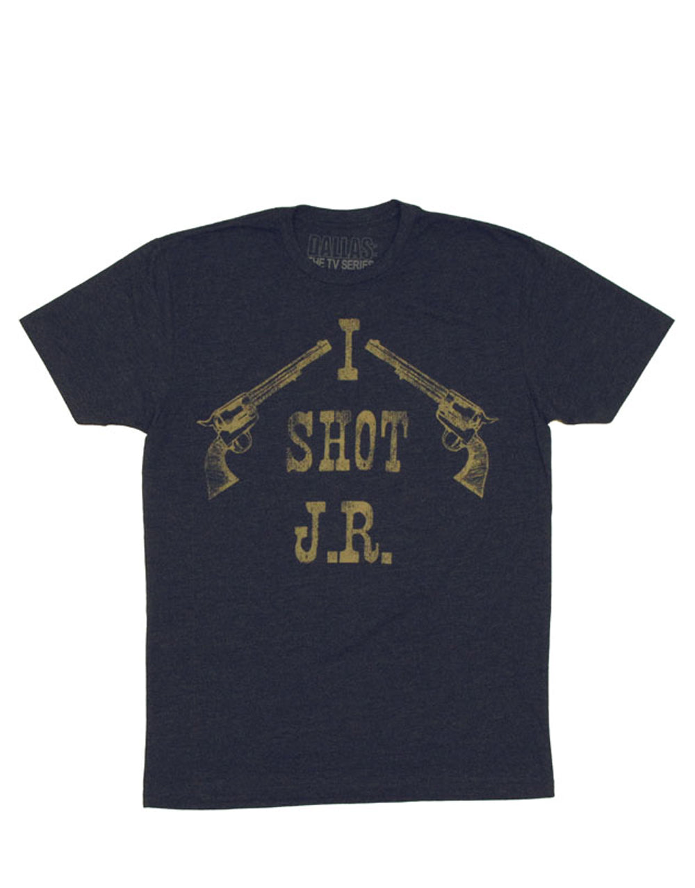 Dallas I shot JR graphic on a heathered navy blue adult t-shirt.