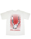 Army of Darkness muscle pose graphic on a white adult t-shirt.