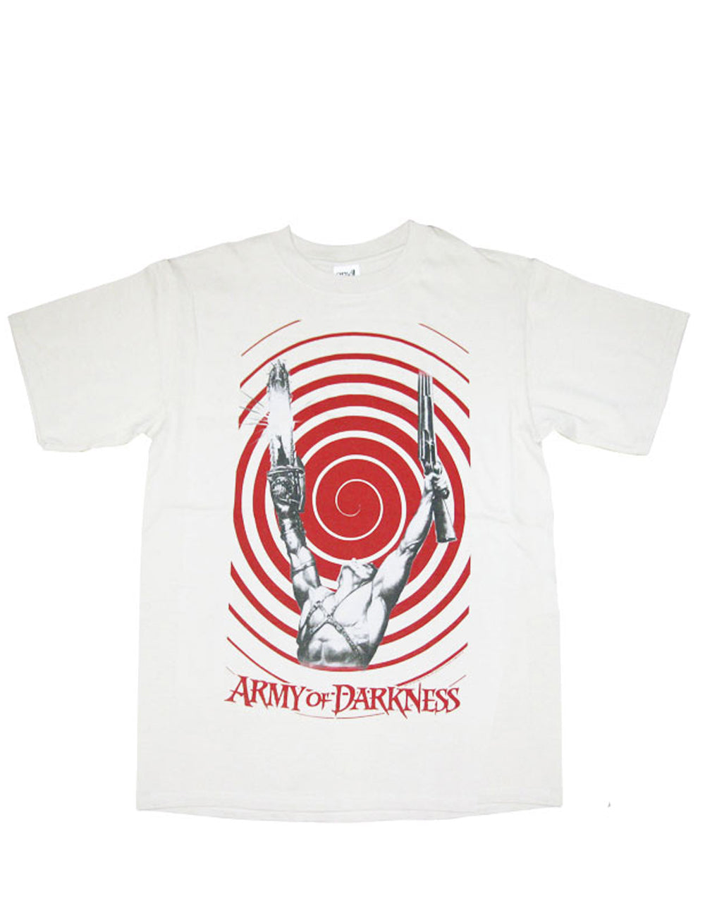 Army of Darkness muscle pose graphic on a white adult t-shirt.